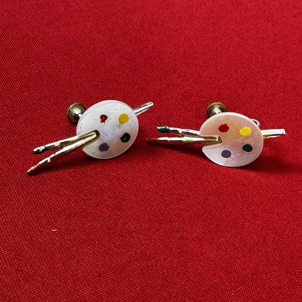 Vintage‎ Silver Toned Artist Palette & Paint Brushes Screw Back Stud Earrings